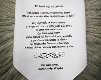 Personalized Spanish Wedding Handkerchief for Son from Mom, Son wedding day message in Spanish, Madre al Hijo Regalo Boda, HY1473