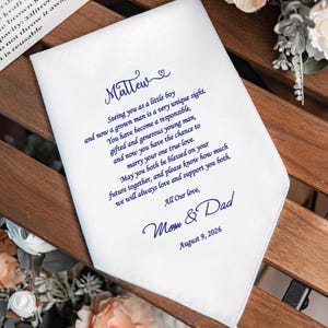 Son handkerchief gift from Mom and Dad, Groom Pocket Handkerchief, Fully Customizable, Free Gift Envelope, Blue Handkerchief, HY1273B