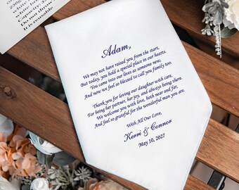 Personalized Son-in-Law Wedding Handkerchief from the Bride’s Parents, Wedding Day Gift, Custom Keepsake Hankie
