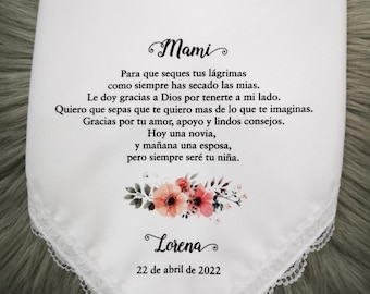 Espanol Handkerchief, Wedding handkerchief Spanish- Mother of the bride gift Spanish- lagrimas de felicidad, pink, floral motif,HY1248