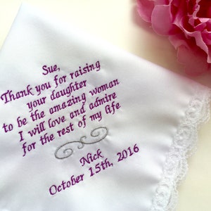 Mother of the bride Handkerchief gift from Son In Law, Personalized  Embroidery Hankie for future mother in law, Custom name and date, 1207