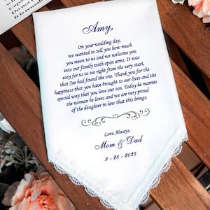 Daughter In Law Gift from Groom parents, Personalized Printed Handkerchief for Bride- We welcome you into our family with open arms. HY1252B