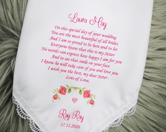 Sister Wedding Handkerchief from Sister of the Bride- Personalized Gift Wedding for Bride -Best wedding gift for Sister-1007