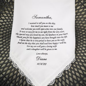 Daughter in law gift, from Mother of the groom to be, Printed Handkerchief- FREE Custom message on hankie, Gift for her, Bride gift, HY1206M