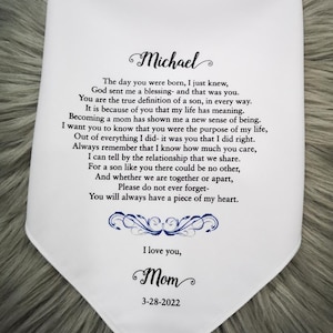 Gift for Son wedding from Mom, Personalized printed handkerchief, keepsake gift, Meaningful gift idea, for my son on his wedding day,HY1280B