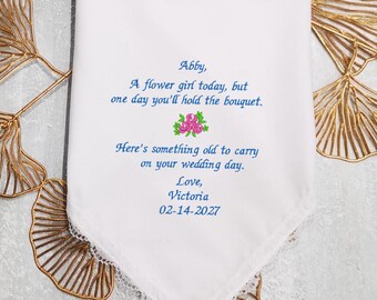 Pañuelo bordado personalizado para la niña de las flores, regalo de recuerdo de boda, de parte de la novia.