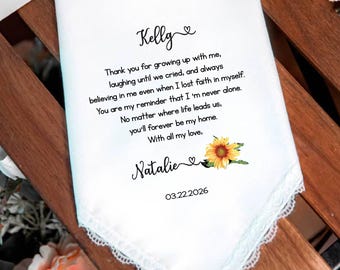 Sister of the Bride Gift, Bachelorette Party Gift from Bride, To Sister from bride, Keepsake Handkerchief, sunflower motif, HY1466