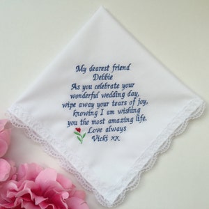 Gift for Bride from best friend, friendship handkerchief, Custom Embroidered Handkerchief, Personalized Congratulation message, image 1