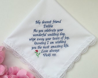 Gift for Bride from best friend, friendship handkerchief, Custom Embroidered Handkerchief, Personalized Congratulation message,