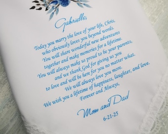 Bride handkerchief from Mom and Dad, Wedding Handkerchief Custom,Wedding Gift to Daughter,Wedding Hankies From Parents, Something Blue,1460