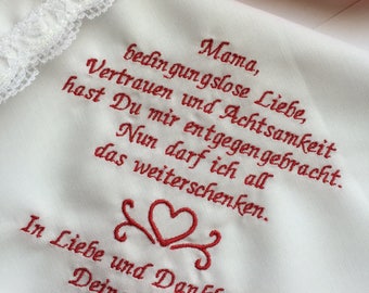 Germany Handkerchief, gift from daughter,Mother of the bride gift,Wedding gift for parents -Customized Embroidered hanky for mama- 1367