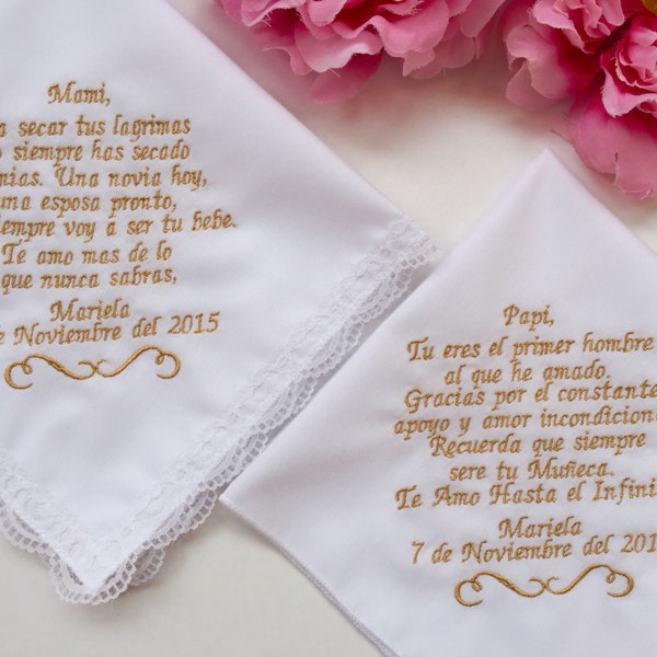 FREE SHIPPING, Parents gifts, Gift from Daughter, Embroidered Hankie, Set of 2 Handkerchief, Mother of the Bride, Father of the Bride- 1229