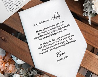 Personalized Handkerchief for Little Brother , Gift from Big Sister, Custom Wedding Keepsake Gift from Bride to Brother of the Bride, HY1462