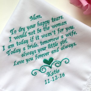 Embroidery Wedding Handkerchief For Mother of the Bride /Custom Embroidered Hanky For Mom/Wedding Hankies/Teal Wedding Color/Code:1305