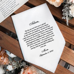 Gift for Son on wedding day, Keepsake Handkerchief gift from Mom, white handkerchief gift from a mother to her son, HY1313