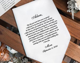 Gift for Son on wedding day, Keepsake Handkerchief gift from Mom, white handkerchief gift from a mother to her son, HY1313