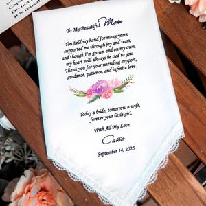 Mother of the Bride Handkerchief from Daughter, Mom Wedding Gift from Bride, Gift for Mom,Free Custom Message, Handkerchief for Wedding,1437