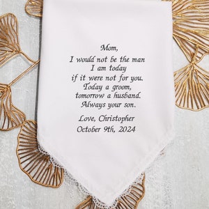 Regalo para la madre del novio de parte de su hijo, pañuelo bordado para la boda, regalo de boda para mamá, pañuelo de encaje personalizado, 12 x 12 pulgadas, 1126