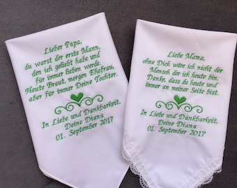 Lieber Papa Handkerchief, Liebe Mama Handkerchief, Gift from Daughter, Embroidered Handkerchief for wedding Germany, 1370N