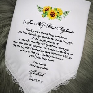 Aunt Handkerchief From Niece, Gift for Aunty on my wedding day, Thank you for always being there for me, sunflower motif, yellow floral,1306 image 1