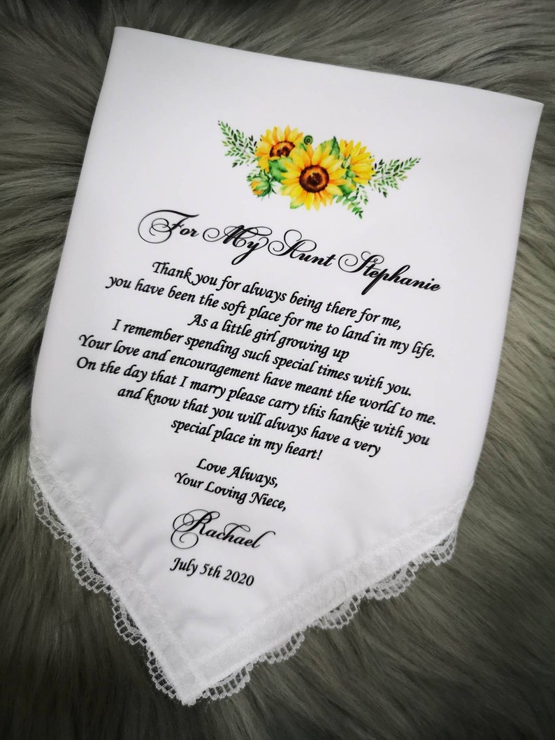 Aunt Handkerchief From Niece, Gift for Aunty on my wedding day, Thank you for always being there for me, sunflower motif, yellow floral,1306 image 1
