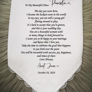 To My Beautiful Niece Gift, Bride Gift From Aunt, Wedding gift for Niece, Customize printed message on hankie, Ladies wedding hanky, 1343