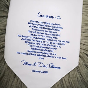 To Our Son In Law on his wedding day Handkerchief- Gift from Bride parents, We could not have asked for a better son-in-law, 1272B