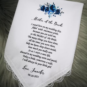 Mother Of The Bride Handkerchief gift from Bride, Handkerchief For Mother from Daughter, Custom handkerchief on my wedding day  -HY1303A