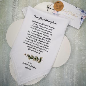 To Our Granddaughter on her wedding day Handkerchief, Personalized Gift from Grandma and Grandpa, Small leave design, HY1465
