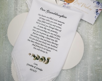 To Our Granddaughter on her wedding day Handkerchief, Personalized Gift from Grandma and Grandpa, Small leave design, HY1465