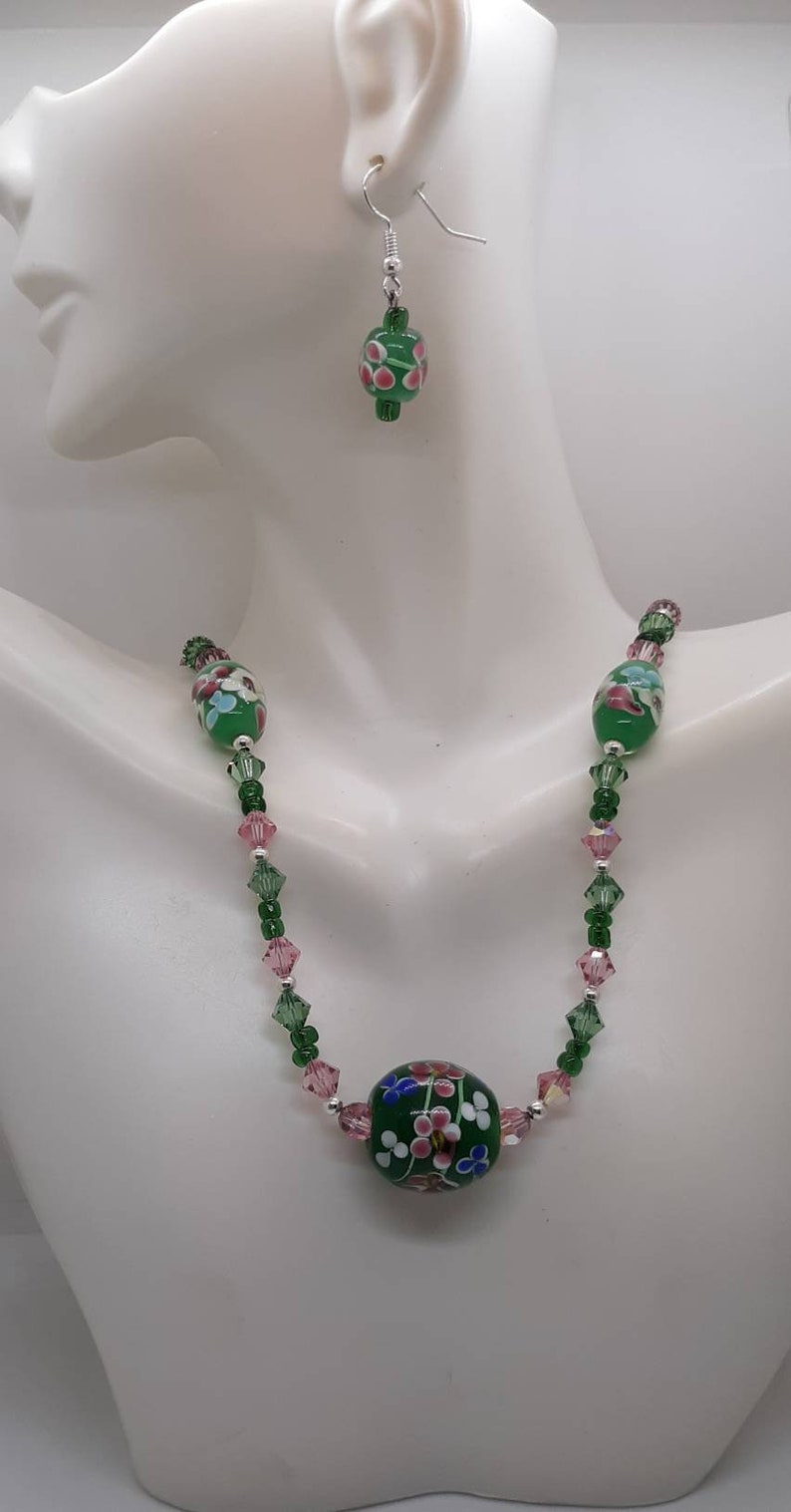 Green floral glass bead and crystal choker and earrings jewelry set JS003