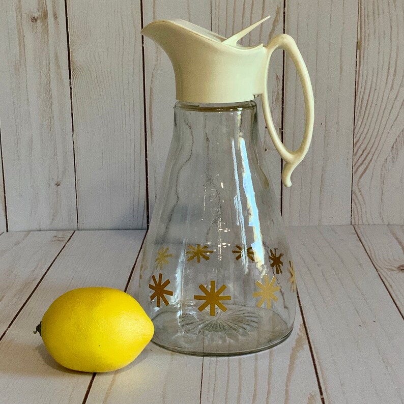 Atomic Gold Starburst Log Cabin Syrup Promo Item Flip Top Lid Vintage Log Cabin Syrup Carafe Dispenser Retro Mid Century Carafe