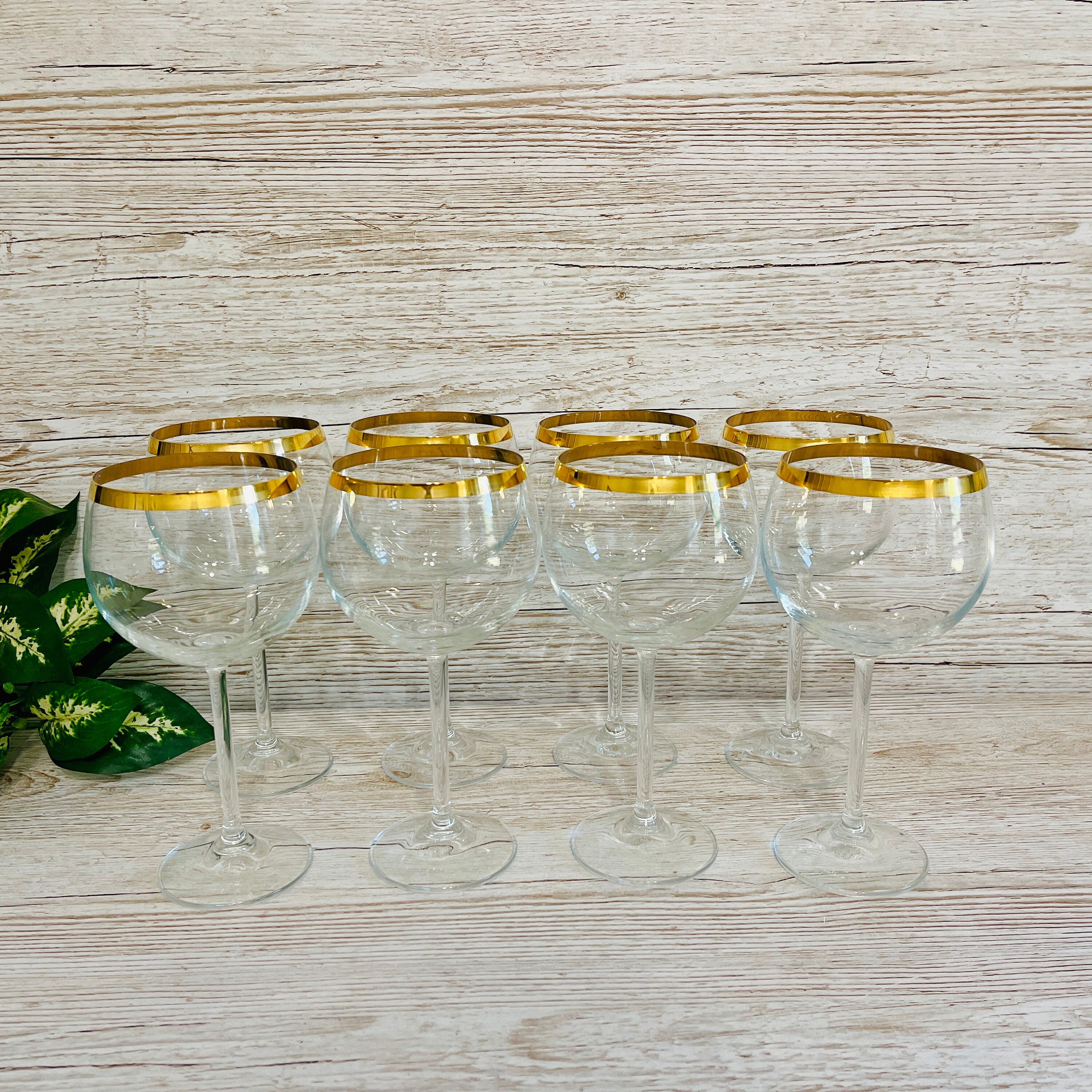 Crystal Clear Wine Glasses With Gold Rims. Set of Seven Large, 8