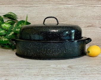 blue speckled enamel roasting pan