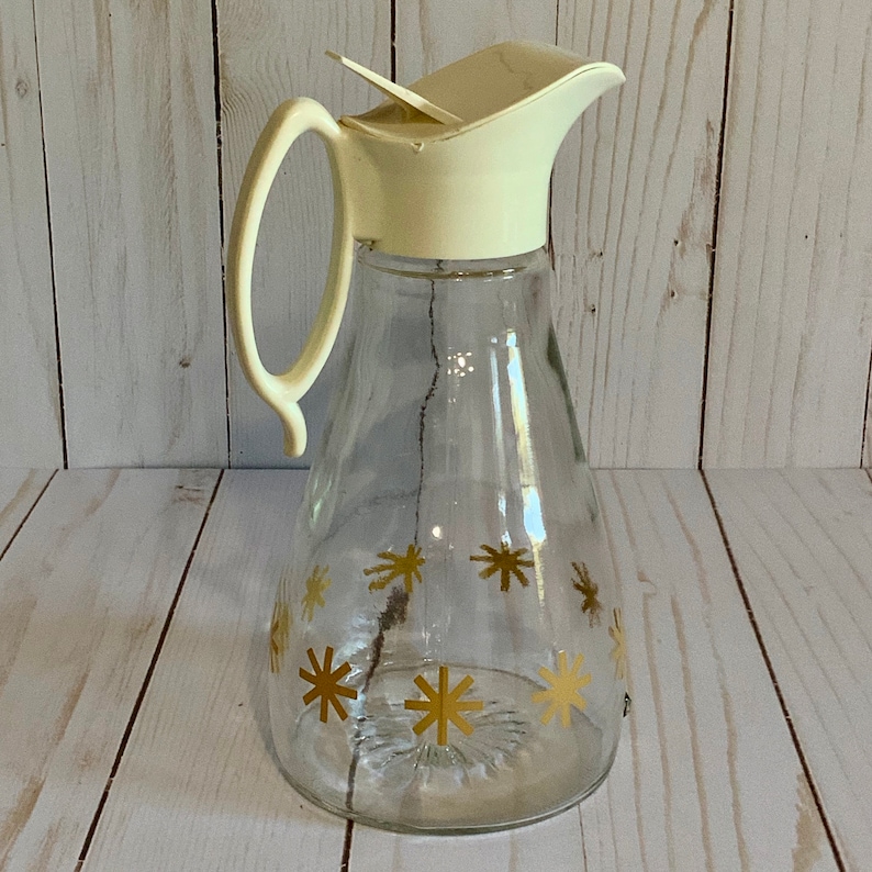 Atomic Gold Starburst Log Cabin Syrup Promo Item Flip Top Lid Vintage Log Cabin Syrup Carafe Dispenser Retro Mid Century Carafe