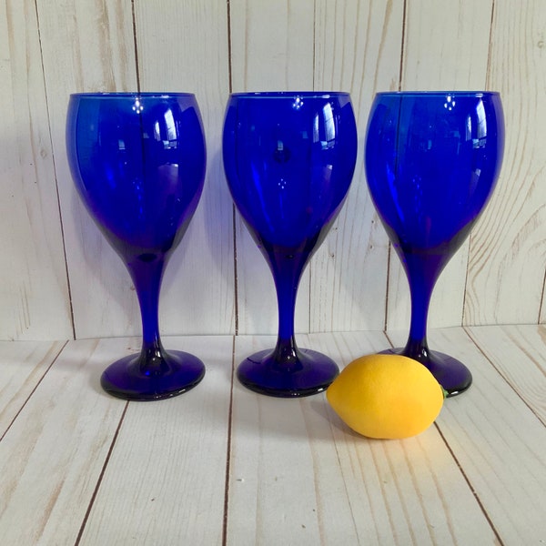 1950's Libbey Cobalt Blue Wine Glasses, Stem Goblets Set of 3, Vintage Drink & Barware, Cocktail Glasses Swanky Barware