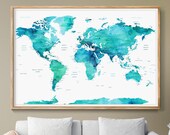 Personalized Push Pin World Map Poster World Map Watercolor Blue-Mint Countries, World Map Push Pin wedding gifts for couple Idea Wall (L84)