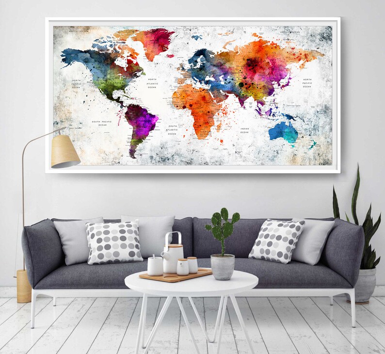 World Map Wall Art Poster Decor Painting Watercolor Living Room Office L114