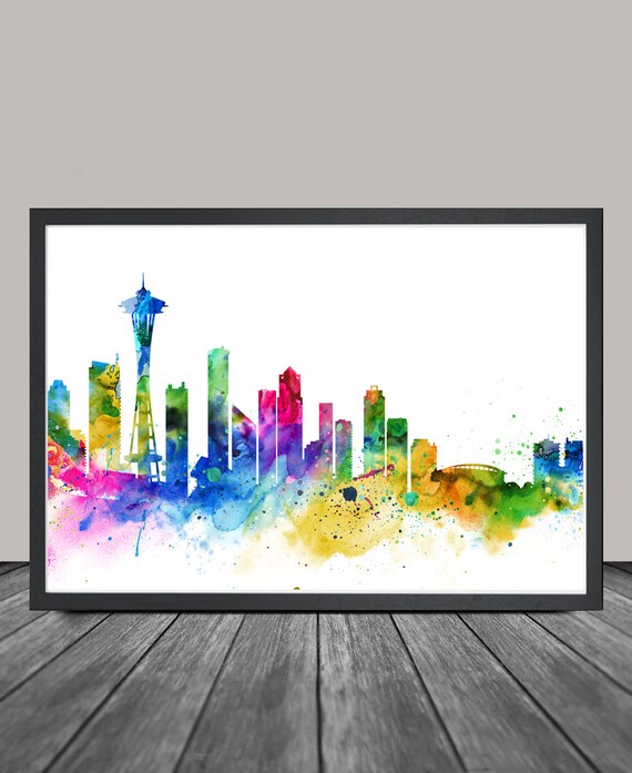 Seattle Washington Cityscape Watercolor Art Print Wedding Gift Seattle Skyline