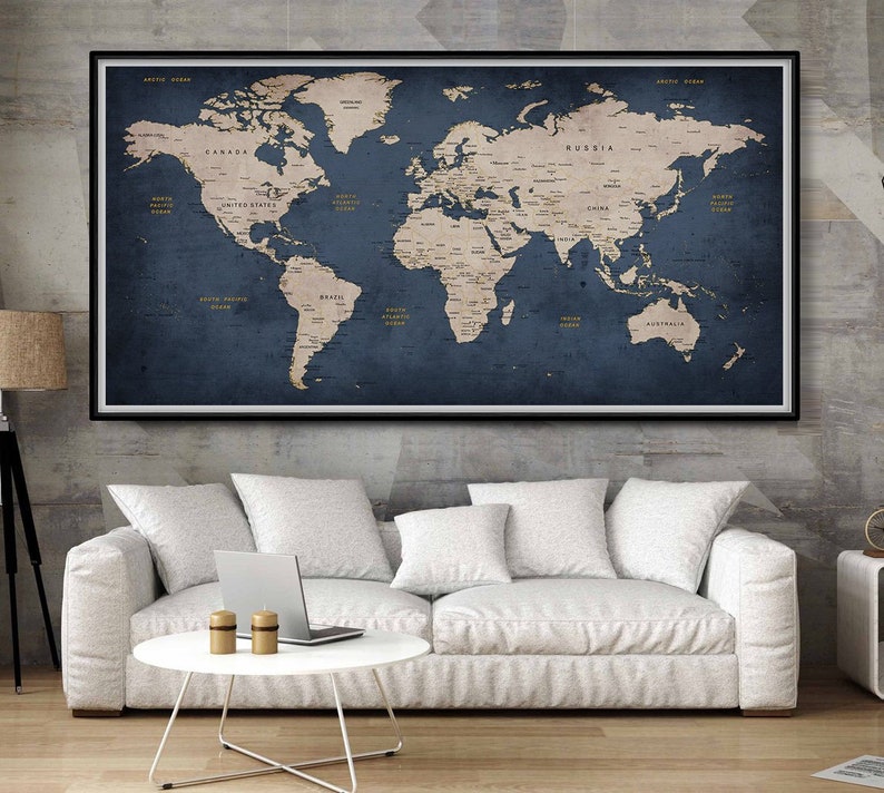 Navy Blue Wall Art Prints Extra Large World Map Push Pin Decor Travel Poster L