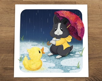 Bunny and Duckling Caught in the Rain Print 8x8, clover print, nursery art, cute print, baby shower