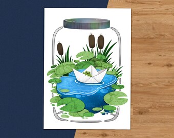 Frog in a Bottle 5x7 Art Print – Cute and Whimsical Mason Jar Illustration