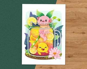 Axolotl Lemonade 5x7 Art Print – Cute and Refreshing Summer Vibes