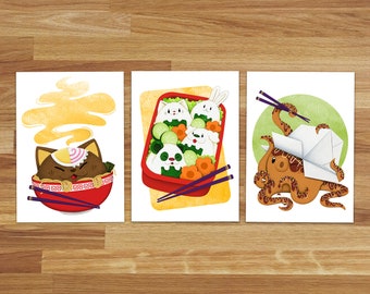 Ramen Cat, Bento Box and Octo Takeout Art Prints 5x7, Cat Print, food illustration, cute print, ramen print