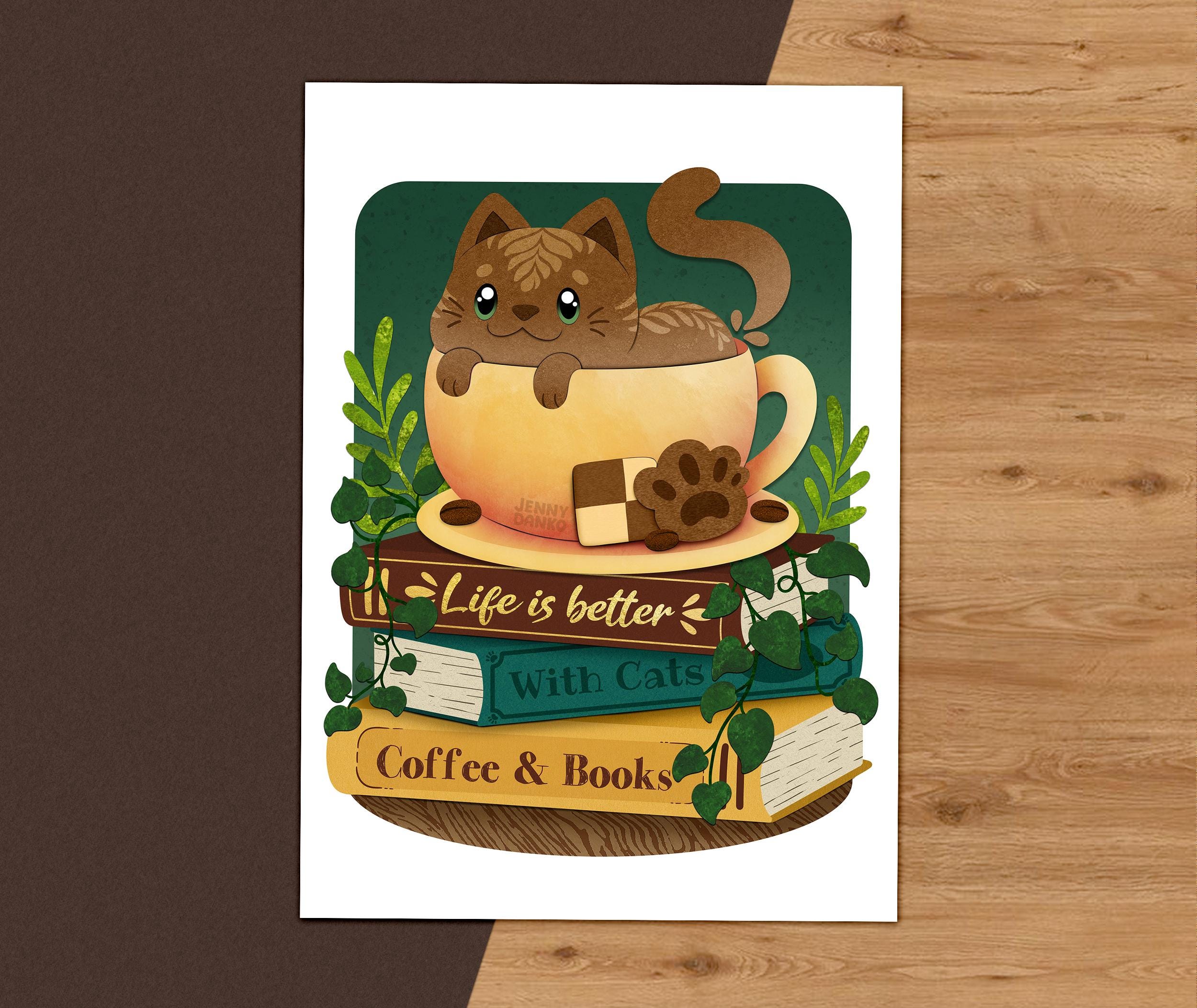 Coffee Cat 5x7 Art Print – Cute & Cozy Coffee Lover Illustration