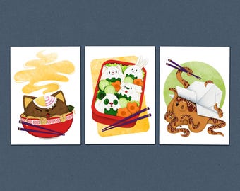 Asian Food 5x7 Art Print Set – Ramen Cat, Bento Box, & Octopus Takeout