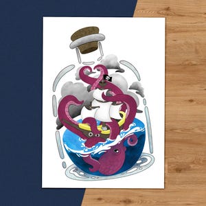 Ship in a Bottle 5x7 Art Print – Nautical Ship and Octopus Art