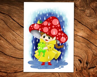 Mushroom Girl Art Print 5x7, frog Print, cute print, small print,