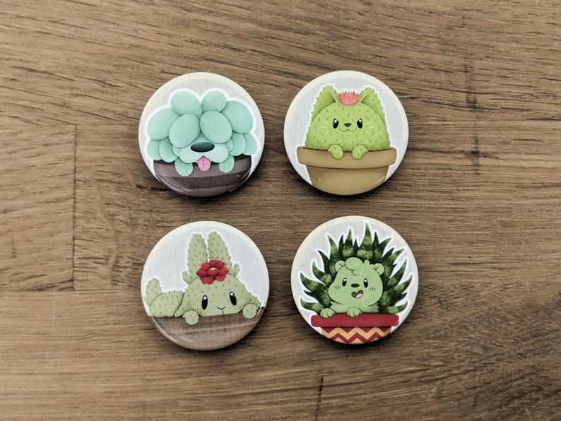 Pins and Cactus Bunny Hedgehog Aloe Ponytail Holders Buttons Succulent Pup Cactus Cat Make great small gifts. Keychains Magnets