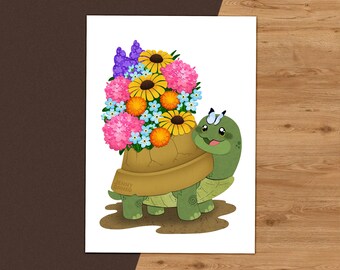 Turtle in Bloom 5x7 Art Print – Whimsical Floral Turtle Illustration